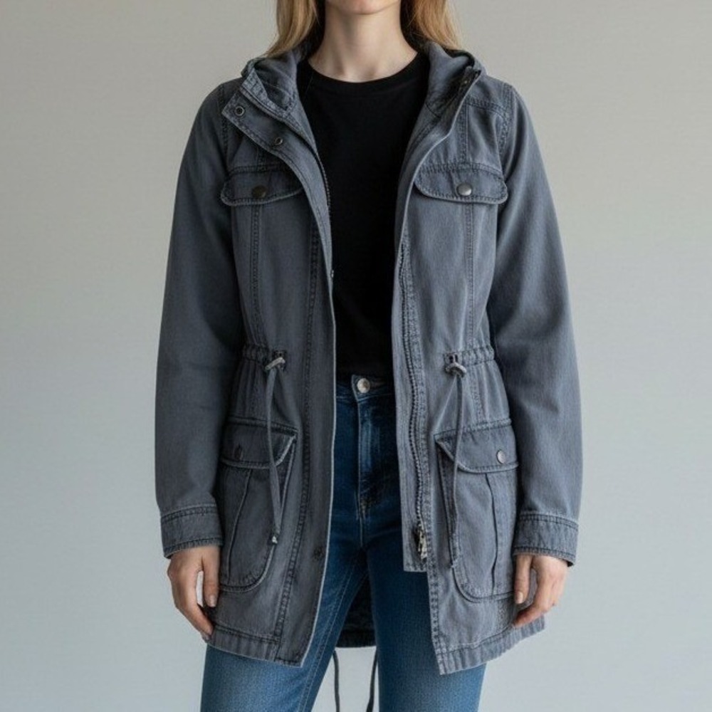 Mossimo Supply Utility Jacket Womens Small Gray Hooded Cargo Pockets Cinch Waist